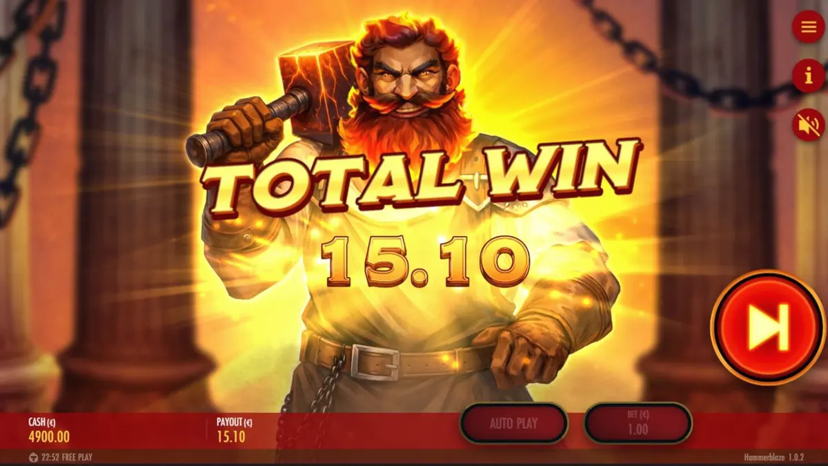 Tampilan visual slot Hammerblaze dengan latar belakang gunung berapi dan grid 7x7 yang membara.