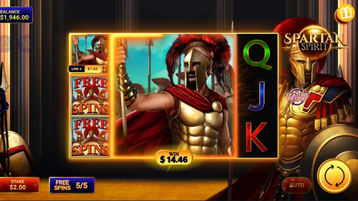 Prajurit Spartan dalam slot Spartan Spirit dengan latar belakang kuil Yunani kuno
